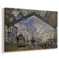 Canvas art print featuring an impressionist scene of trains and smoke inside busy railway station, displayed at an angle