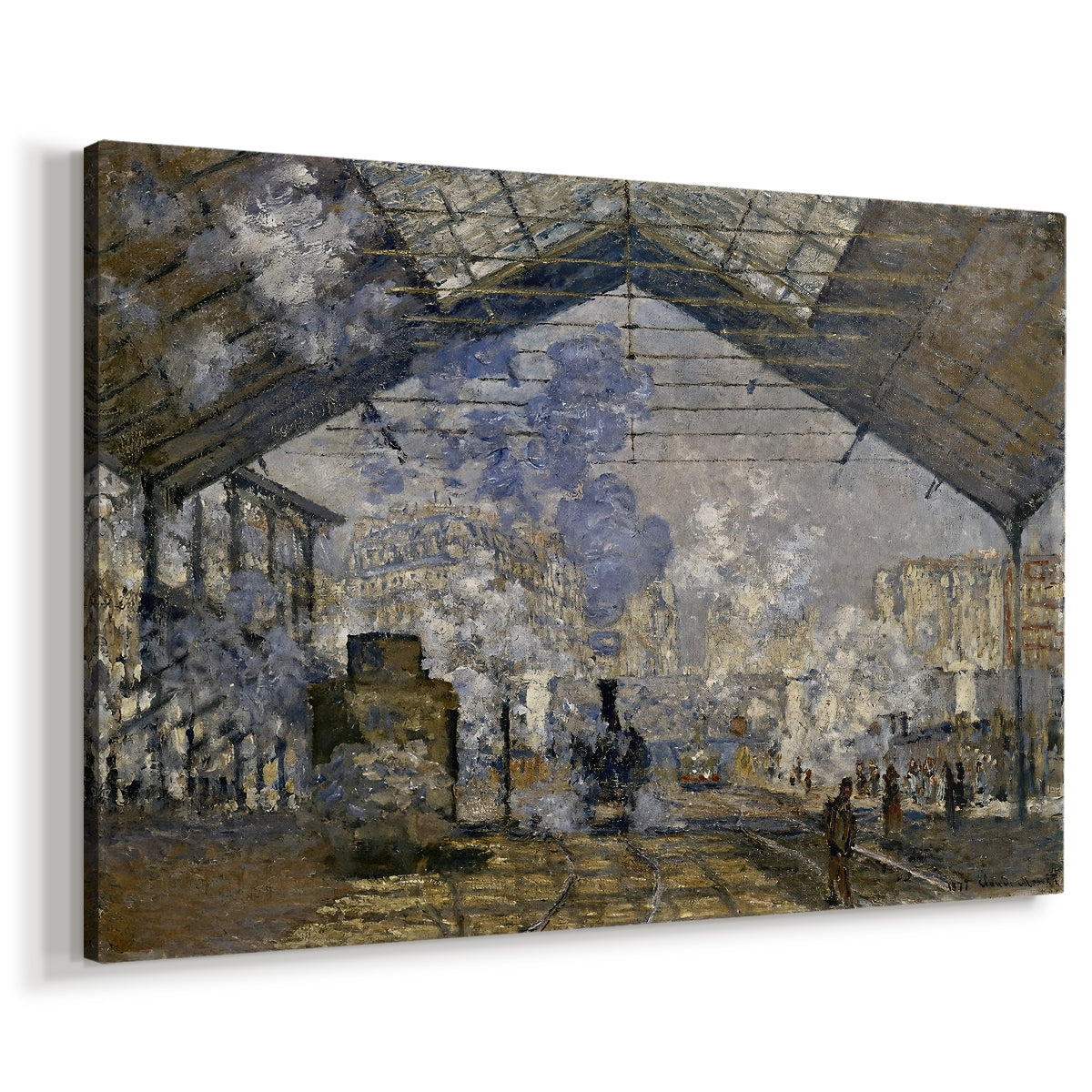 Canvas art print featuring an impressionist scene of trains and smoke inside busy railway station, displayed at an angle