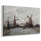 Canvas art print featuring an impressionist view of Dutch windmills along riverbank, displayed at an angle