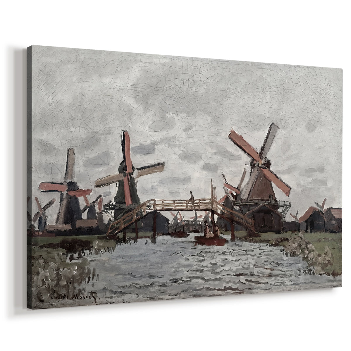 Canvas art print featuring an impressionist view of Dutch windmills along riverbank, displayed at an angle