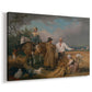 Canvas art print featuring a pastoral scene of workers cutting grain in field, displayed at an angle