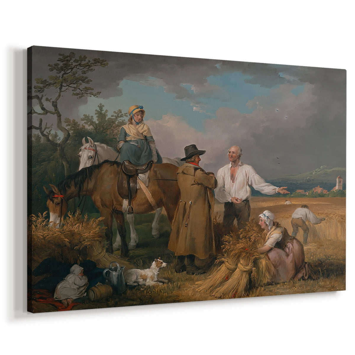 Canvas art print featuring a pastoral scene of workers cutting grain in field, displayed at an angle