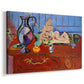 Canvas art print featuring an expressive arrangement of a metal jug and small figurine, displayed at an angle