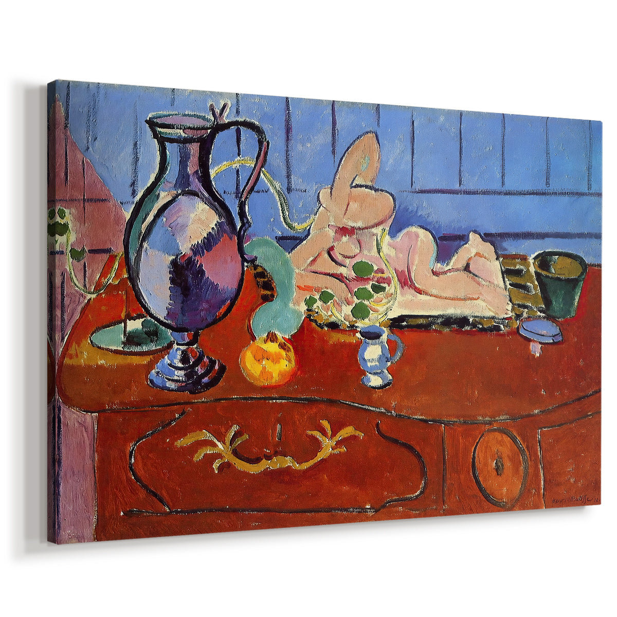 Canvas art print featuring an expressive arrangement of a metal jug and small figurine, displayed at an angle