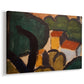 Canvas art print featuring a stylized village scene with bold shapes and color blocks, displayed at an angle