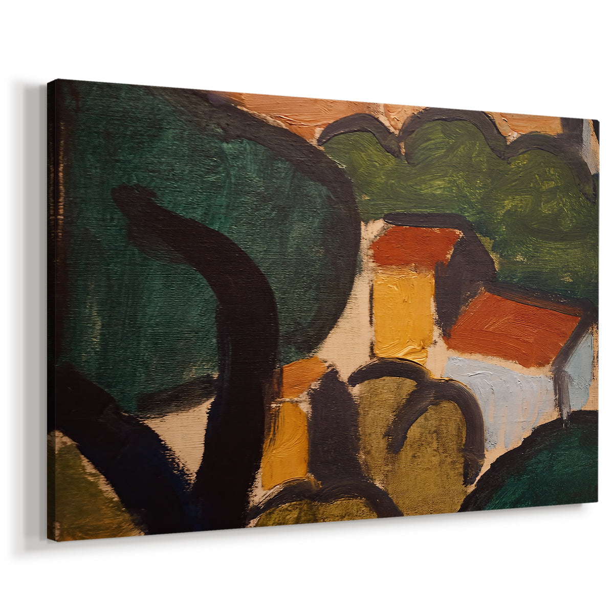 Canvas art print featuring a stylized village scene with bold shapes and color blocks, displayed at an angle