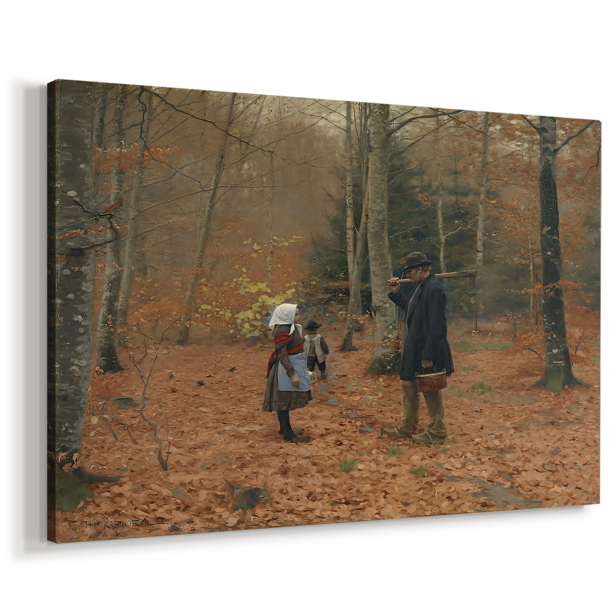 Canvas art print featuring a rural family moving along wooded path in natural setting, displayed at an angle