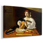 Canvas art print featuring a musician seated with lute and musical instruments on table, displayed at an angle