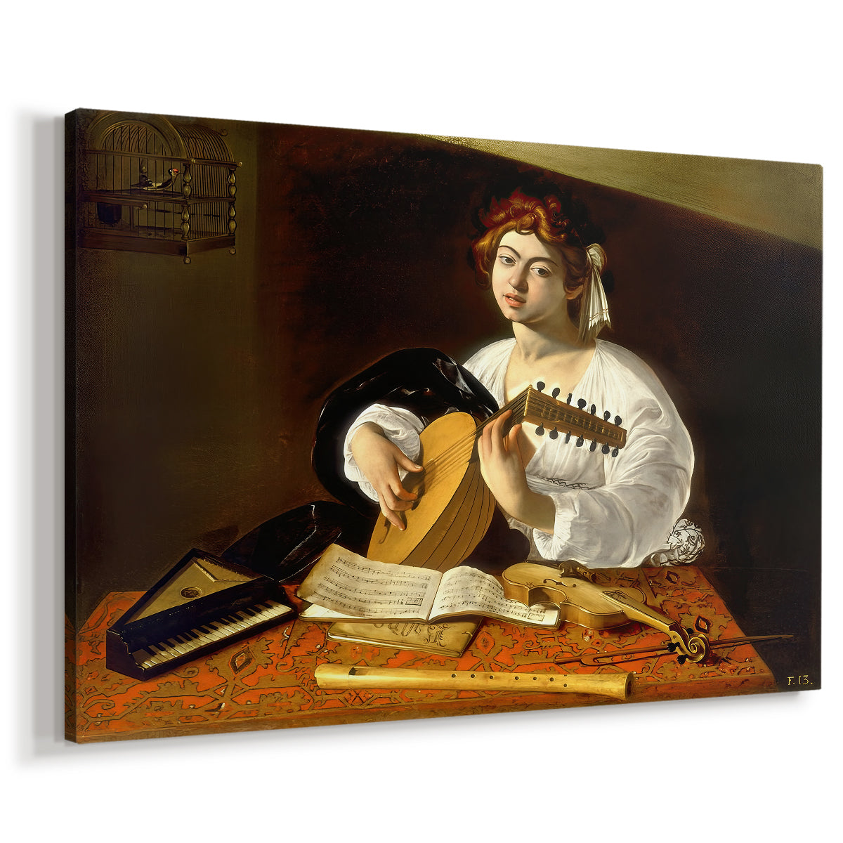 Canvas art print featuring a musician seated with lute and musical instruments on table, displayed at an angle