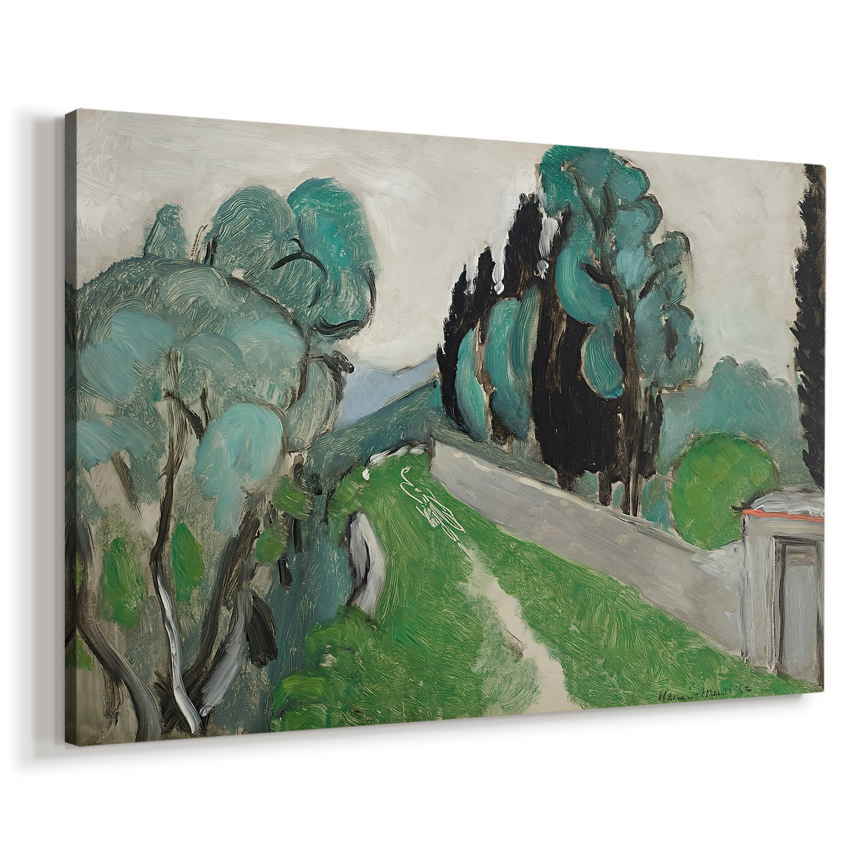 Canvas art print featuring an expressive countryside scene with tall trees and open sky, displayed at an angle