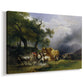 Canvas art print featuring a pastoral farming scene in countryside setting, displayed at an angle