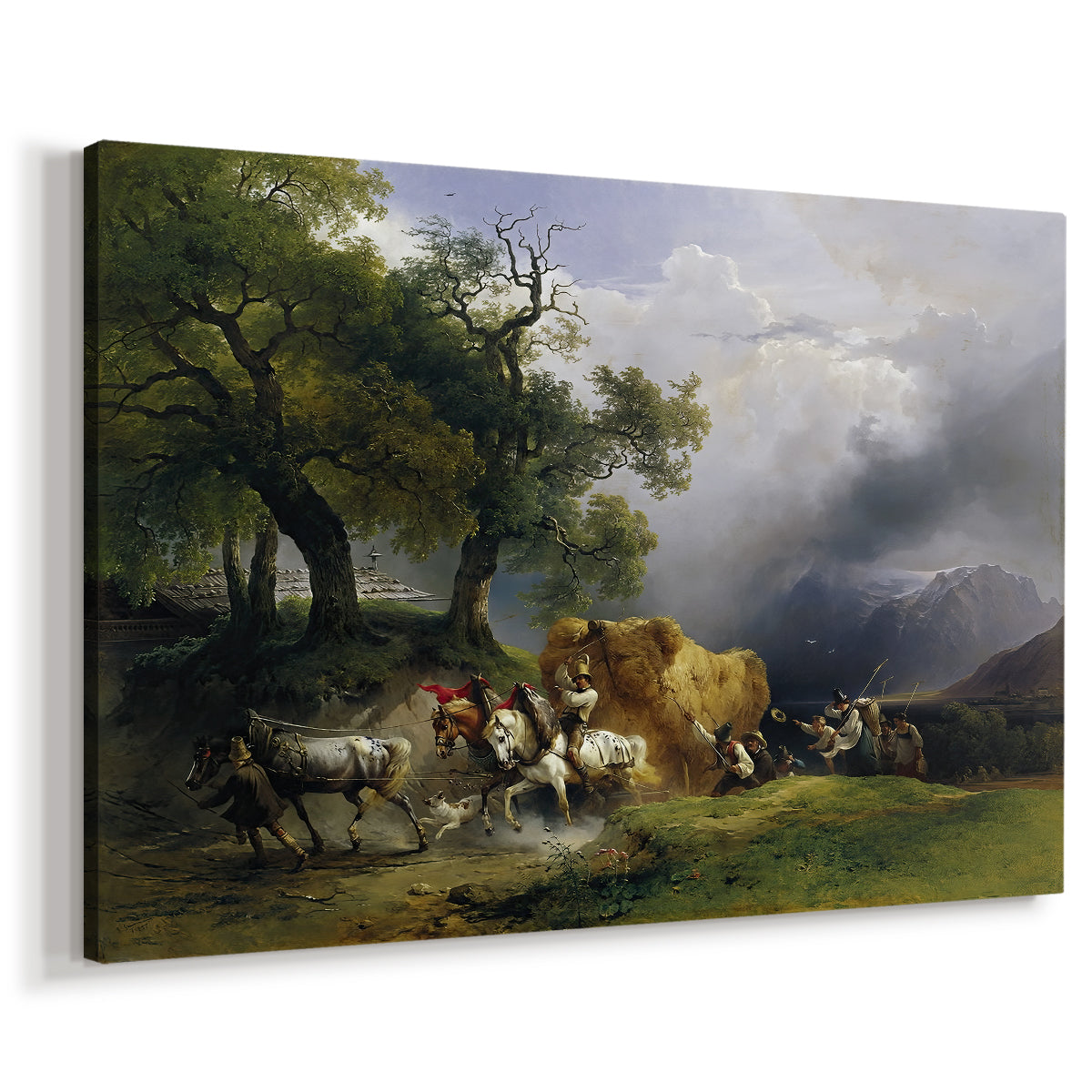 Canvas art print featuring a pastoral farming scene in countryside setting, displayed at an angle