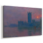 Canvas art print featuring an impressionist cityscape with warm sunset light over water, displayed at an angle