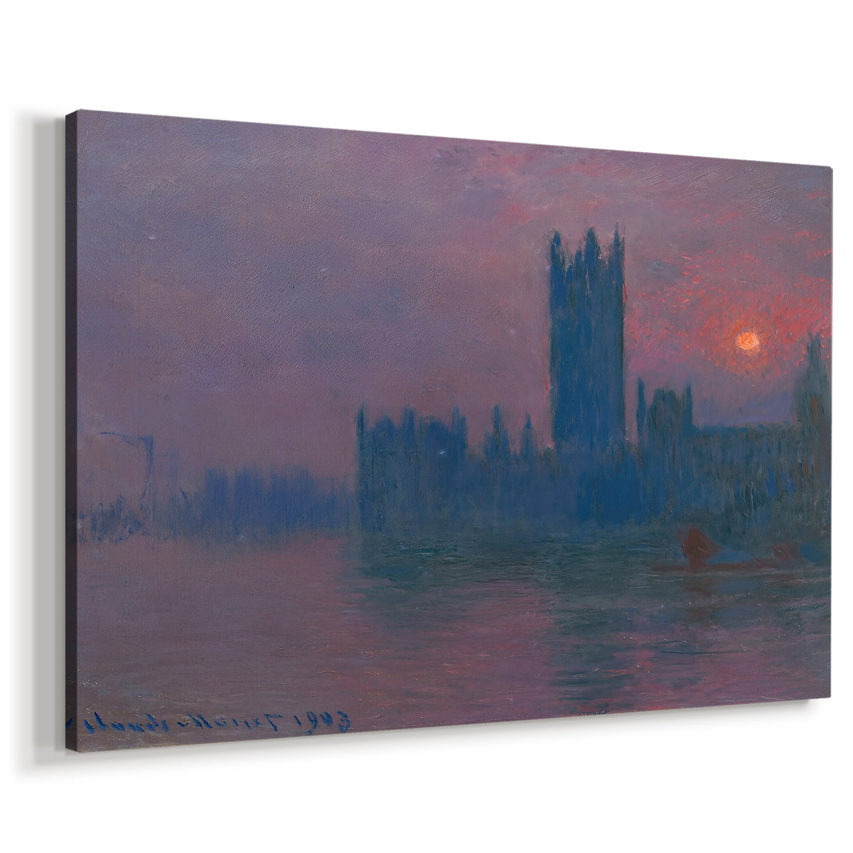 Canvas art print featuring an impressionist cityscape with warm sunset light over water, displayed at an angle