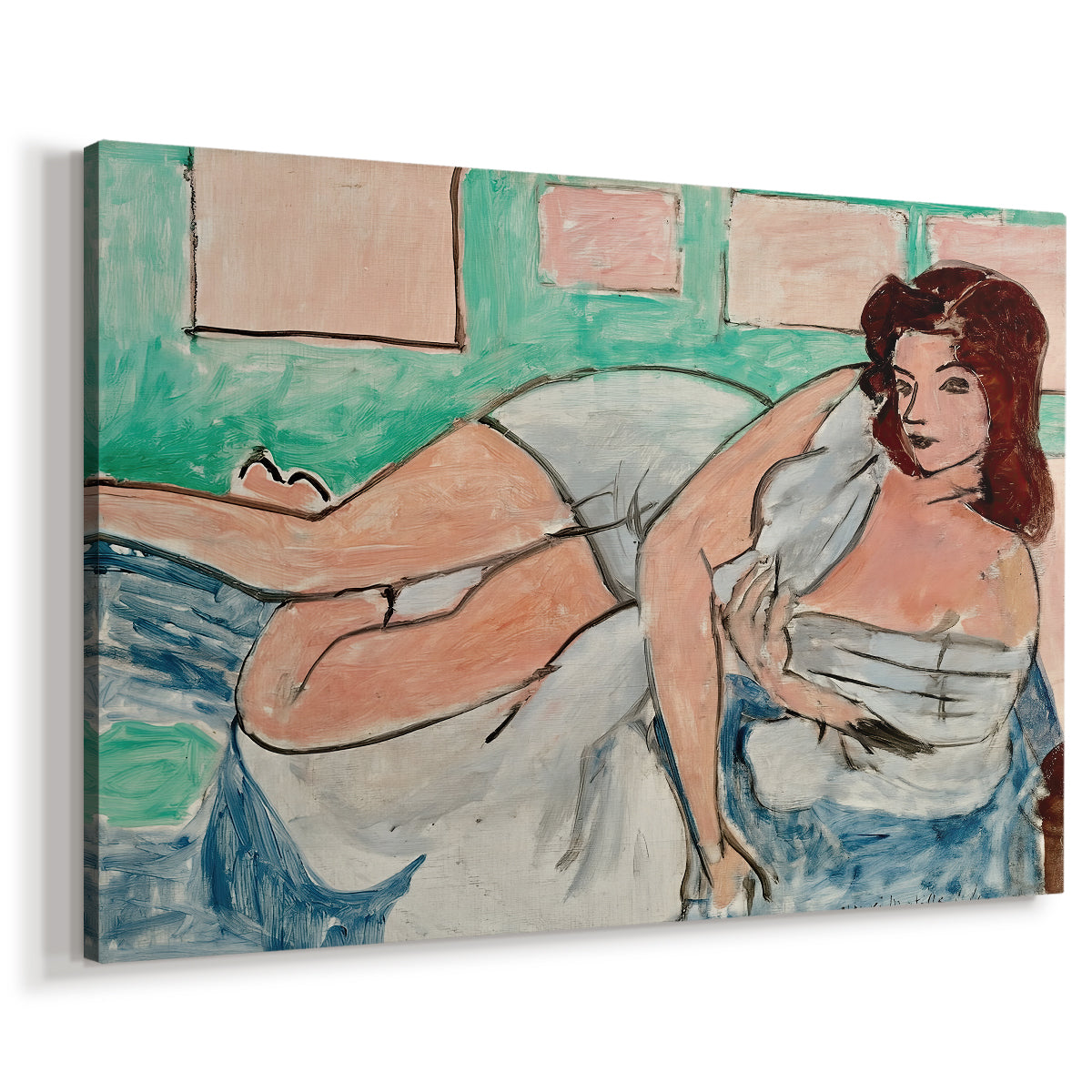 Canvas art print featuring an expressive interior with a reclining woman on a patterned surface, displayed at an angle