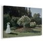 Canvas art print featuring an impressionist figure in sunlit garden with lush vegetation, displayed at an angle