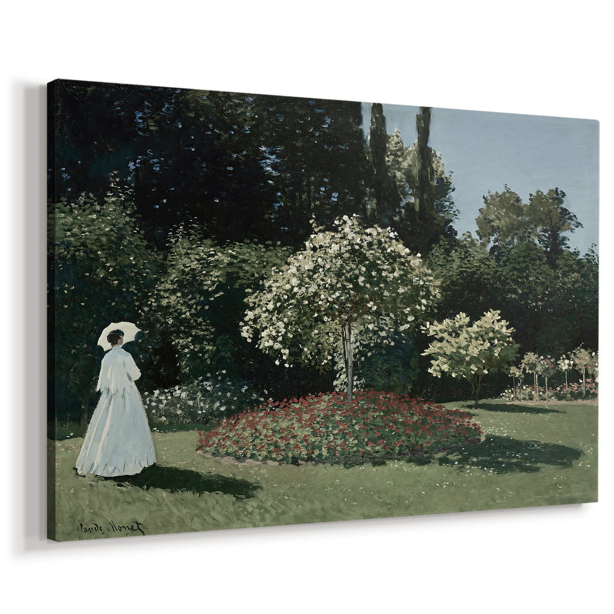 Canvas art print featuring an impressionist figure in sunlit garden with lush vegetation, displayed at an angle