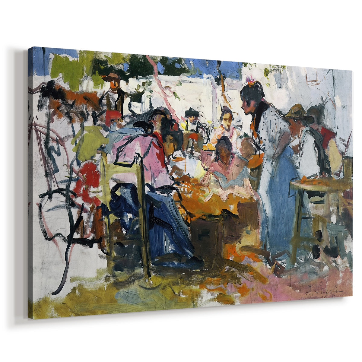 Canvas art print featuring a labor scene with figures handling nets in bright light, displayed at an angle