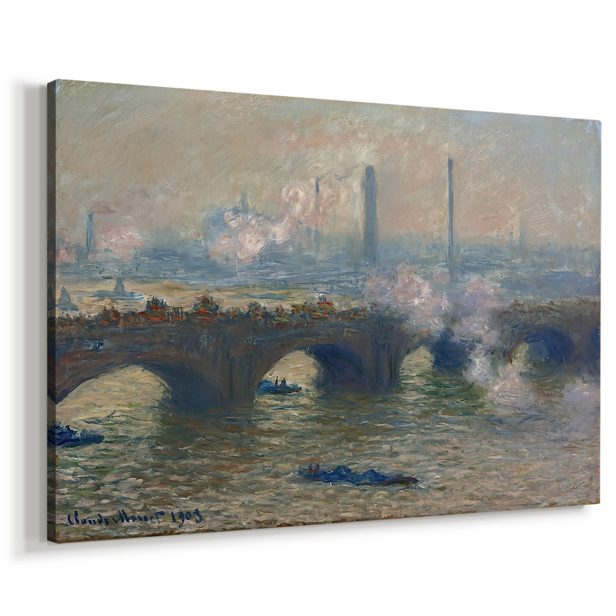 Canvas art print featuring an impressionist depiction of bridge with soft gray tones and haze, displayed at an angle
