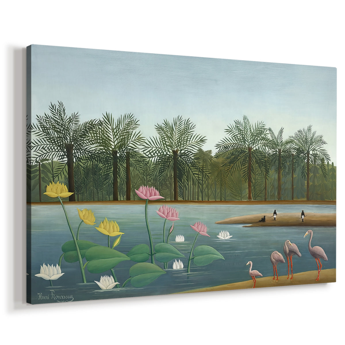 Canvas art print featuring an exotic wetland scene with birds and reflective water, displayed at an angle