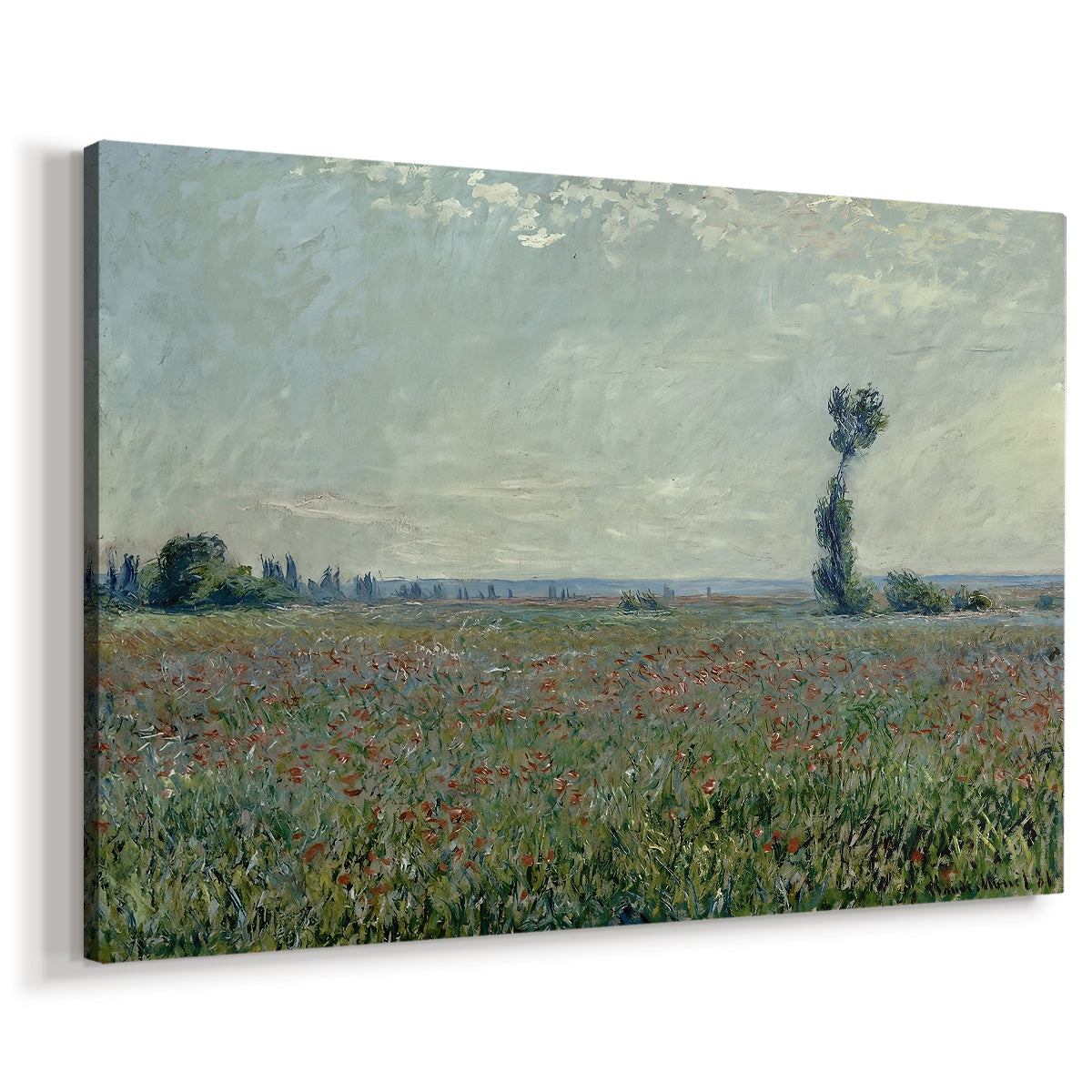Canvas art print featuring an impressionist landscape filled with blooming flowers and greenery, displayed at an angle