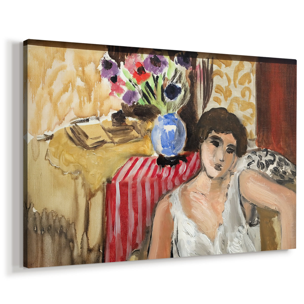 Canvas art print featuring a Fauvist portrait of a woman resting indoors, displayed at an angle