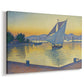 Canvas art print featuring a nautical evening scene with vessels on water, displayed at an angle