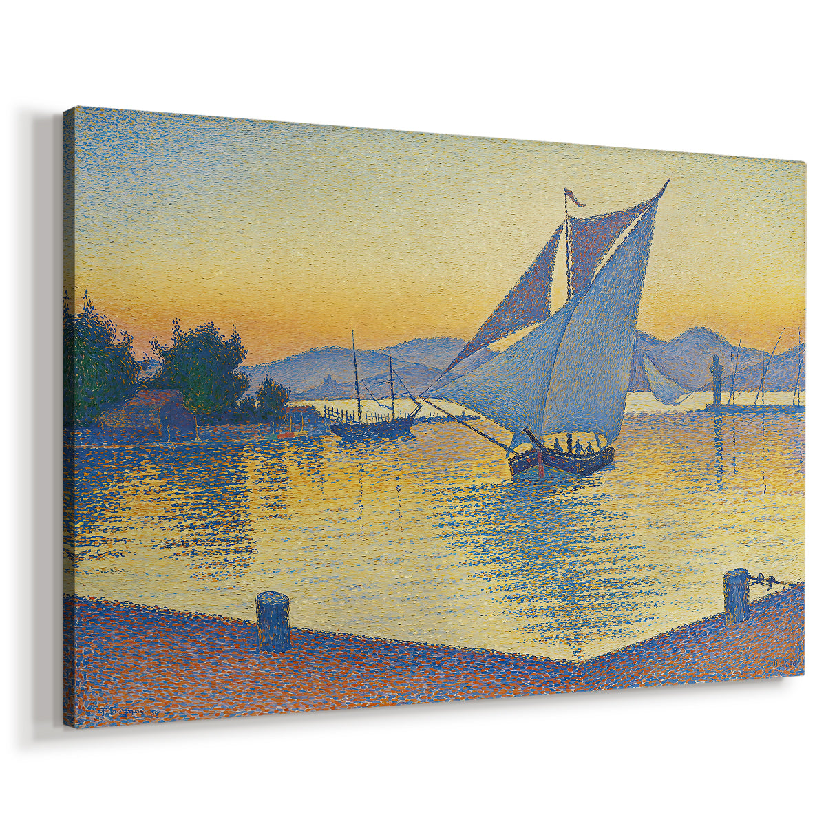 Canvas art print featuring a nautical evening scene with vessels on water, displayed at an angle