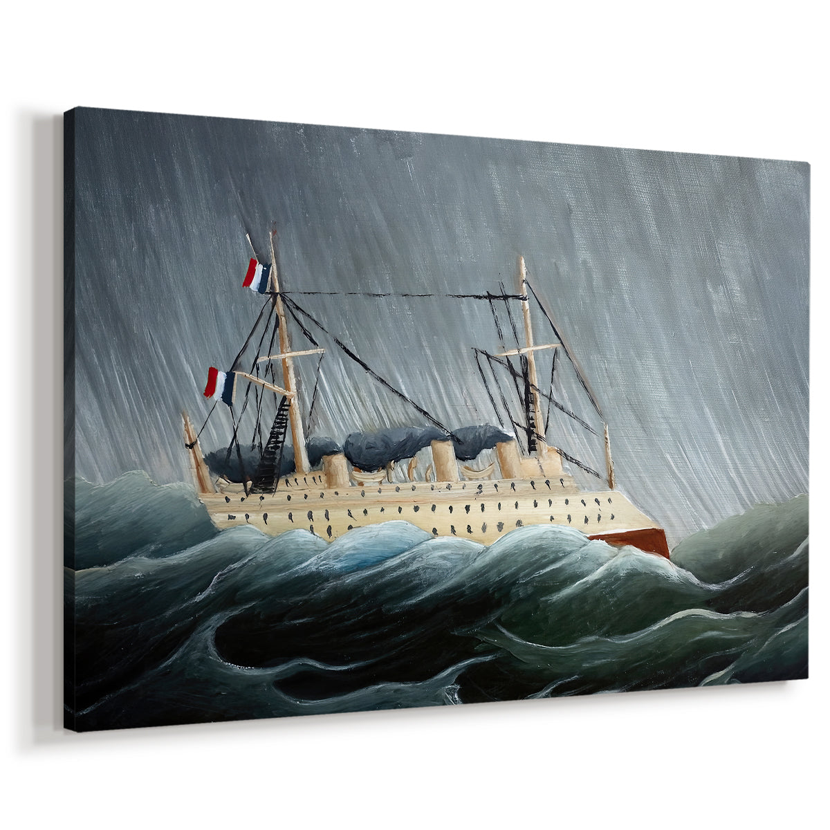 Canvas art print featuring a dramatic seascape with vessel navigating rough ocean, displayed at an angle