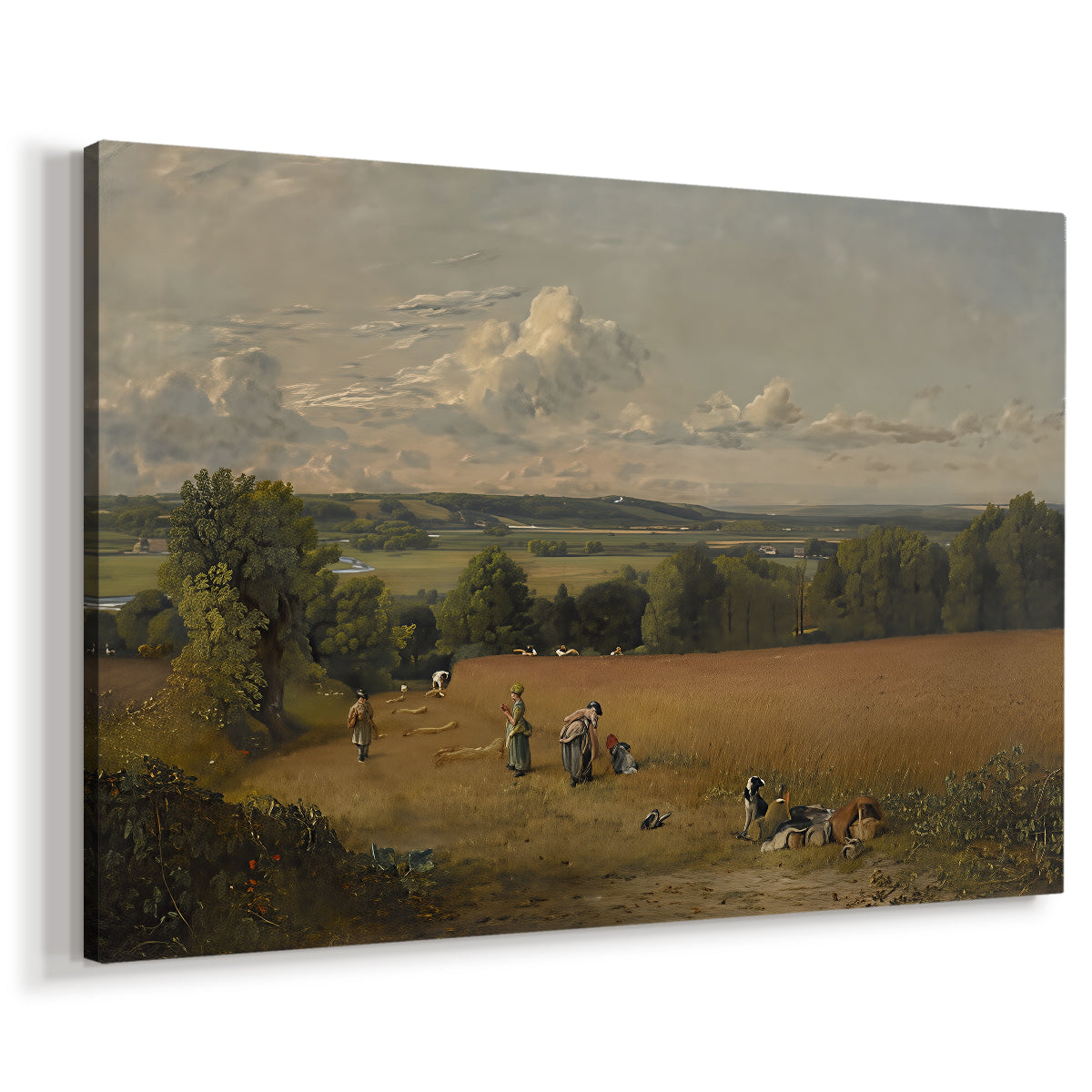 Canvas art print featuring a pastoral landscape with figures and terrain, displayed at an angle