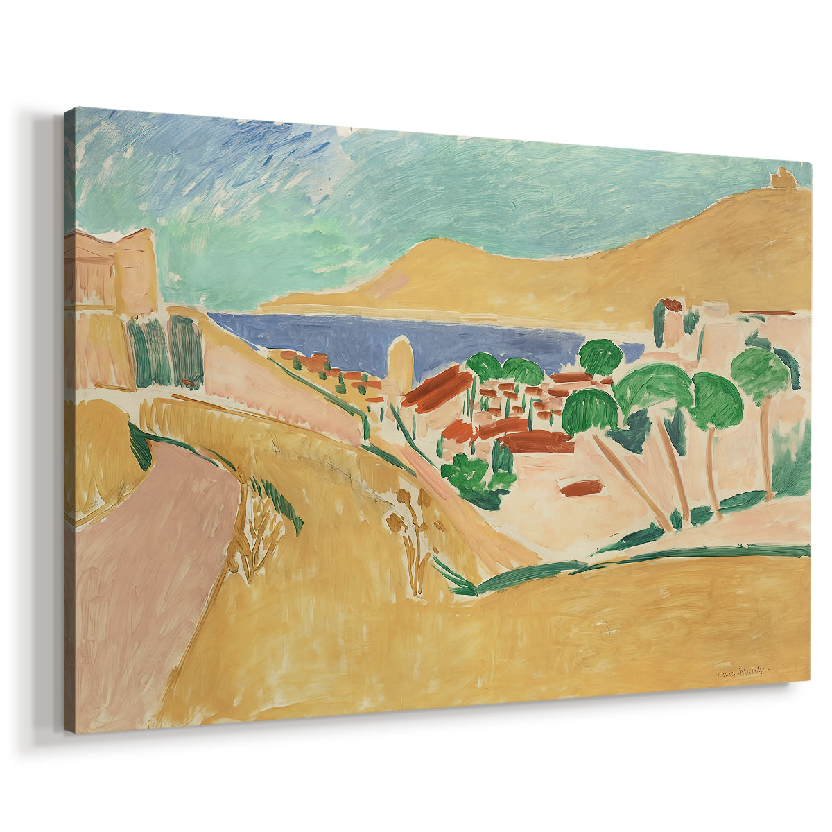 Canvas art print featuring a Fauvist landscape with bold color blocks and seaside view, displayed at an angle