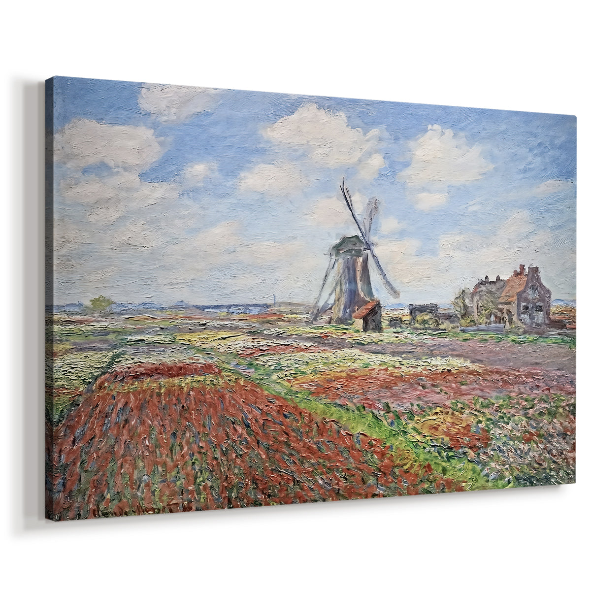 Canvas art print featuring a vibrant agricultural landscape with flowers and windmill, displayed at an angle