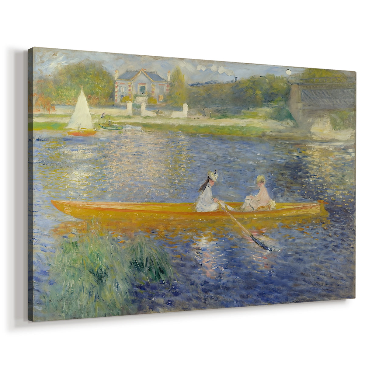 Canvas art print featuring an impressionist boating scene with people relaxing in a narrow skiff, displayed at an angle
