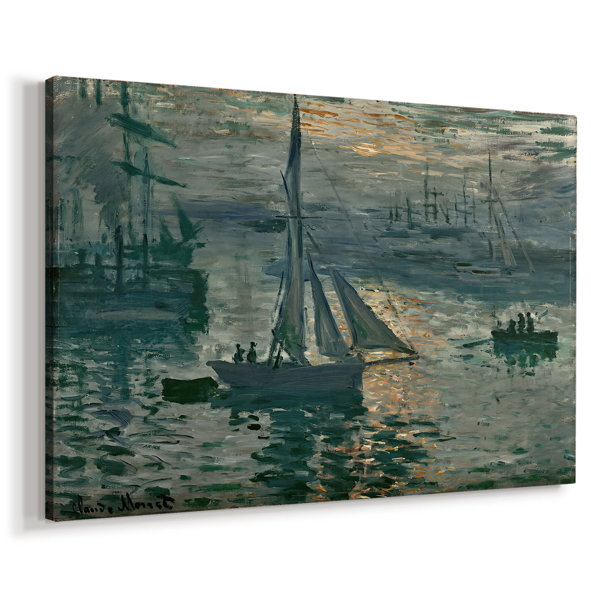 Canvas art print featuring an impressionist seascape with glowing sun and misty water, displayed at an angle