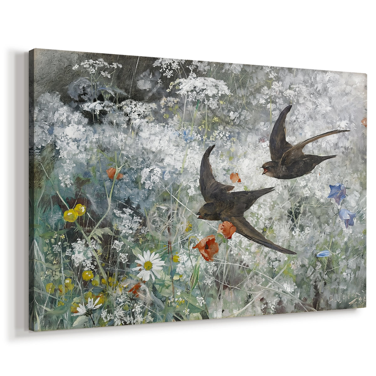 Canvas art print featuring swifts gliding midair with wings spread against soft sky, displayed at an angle