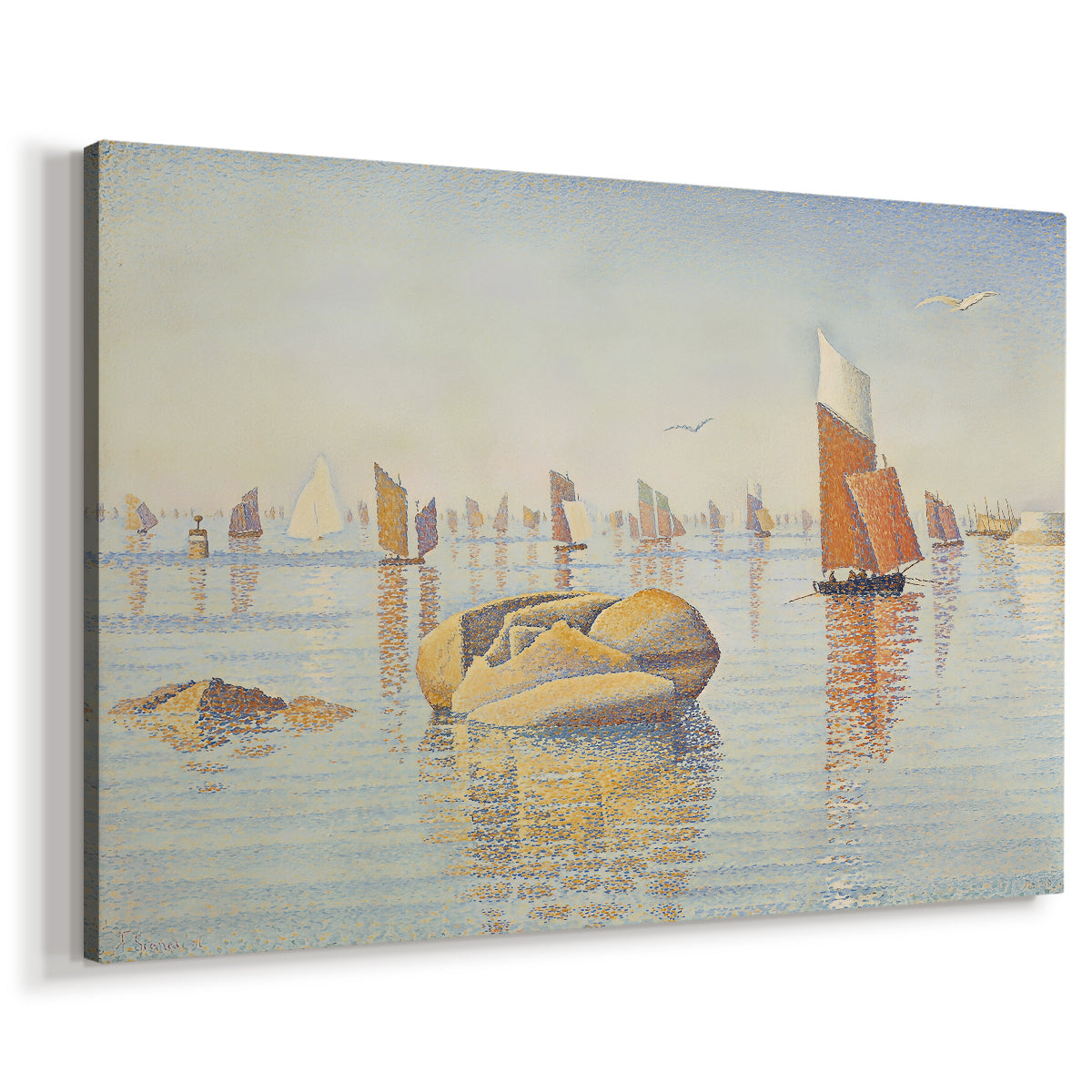 Canvas art print featuring a pointillist coastal scene with vessels, displayed at an angle