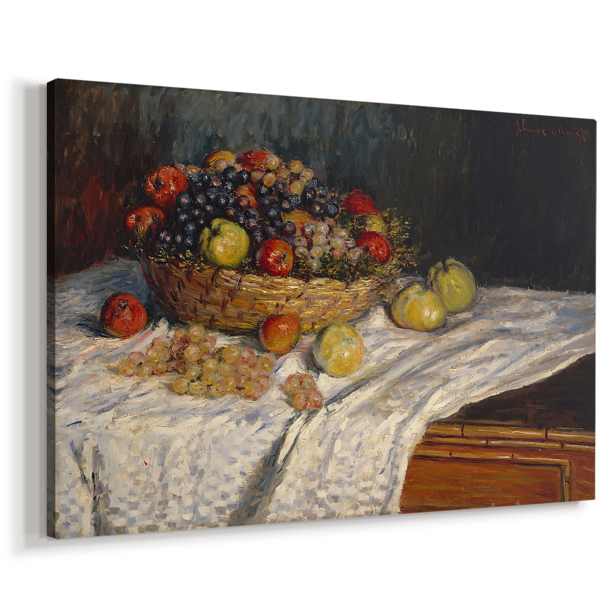 Canvas art print featuring an impressionist still life of fruit placed on cloth-covered surface, displayed at an angle