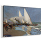 Canvas art print featuring a coastal scene with vessels and shoreline activity, displayed at an angle