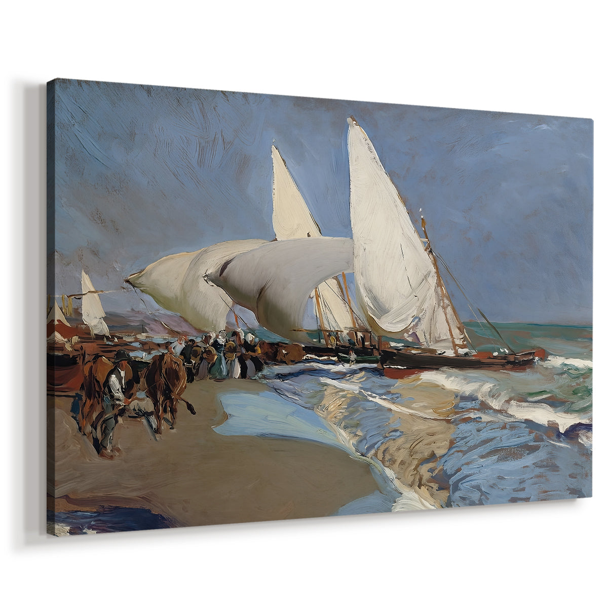 Canvas art print featuring a coastal scene with vessels and shoreline activity, displayed at an angle