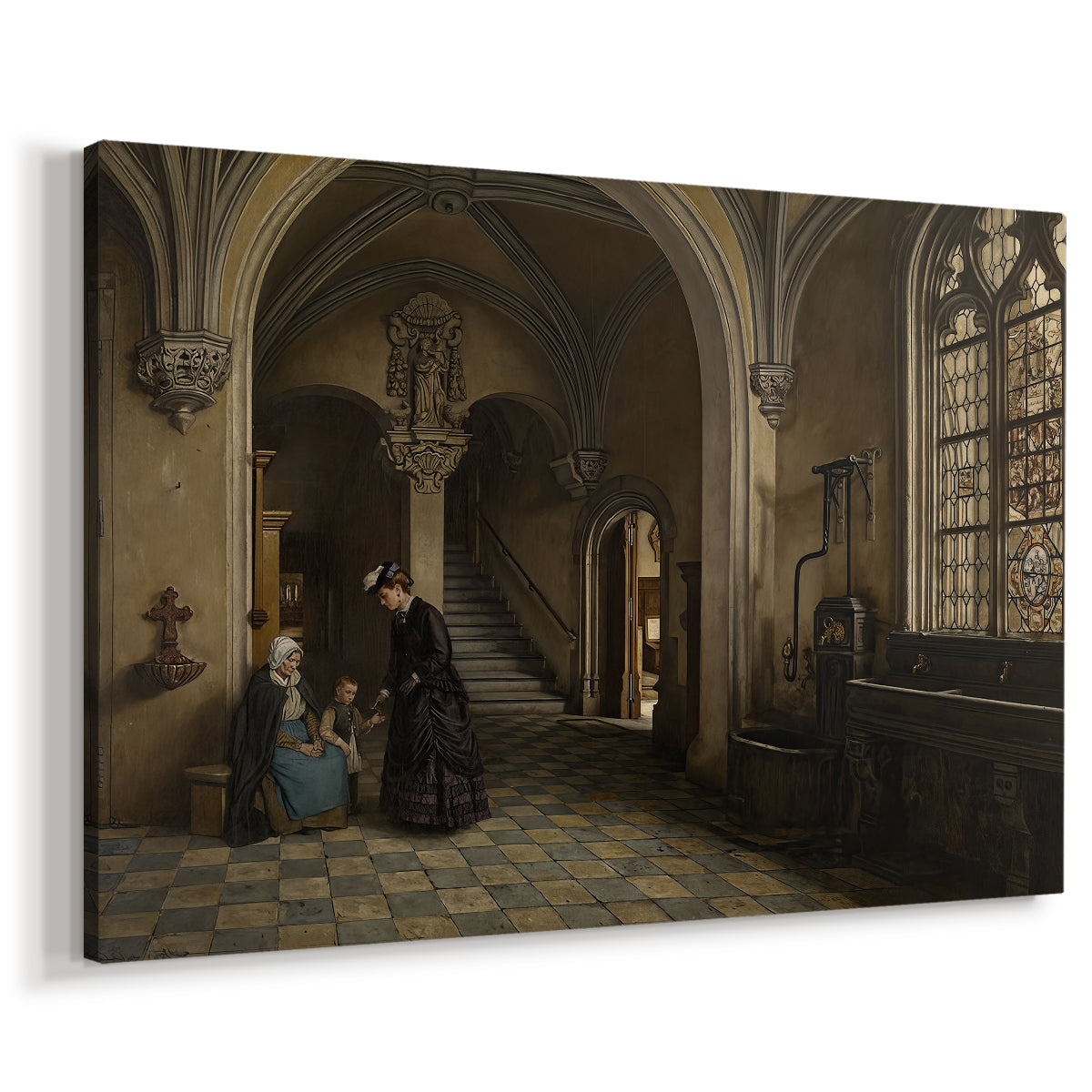 Canvas art print featuring an architectural scene with long perspective through interior space, displayed at an angle