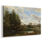 Canvas art print featuring a pastoral scene with people working near calm water, displayed at an angle