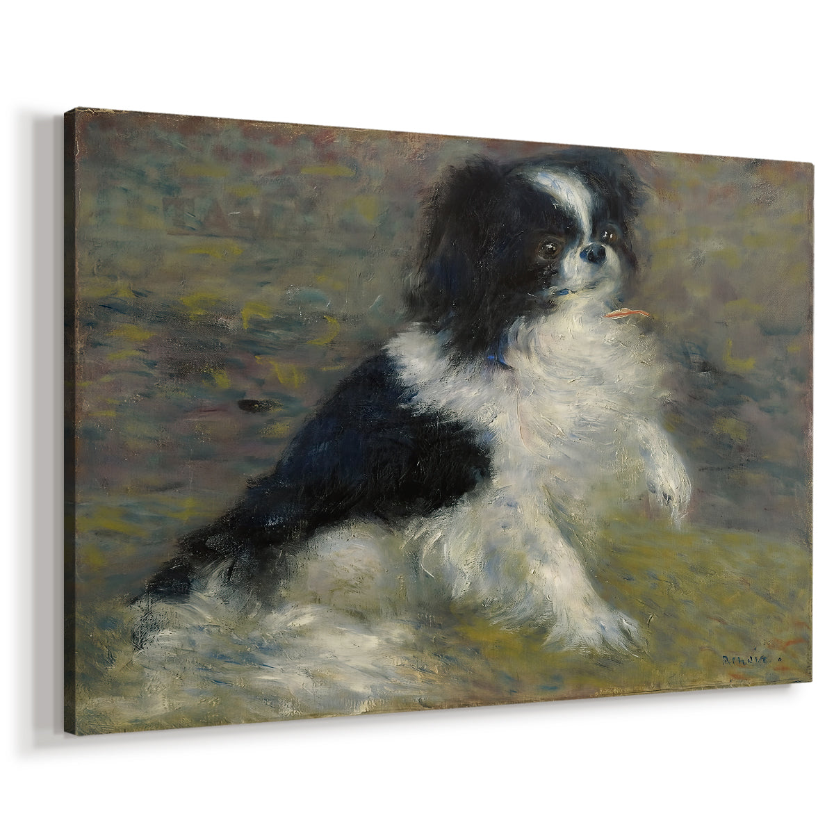 Canvas art print featuring an impressionist painting of a dog wading through water with blurred background, displayed at an angle