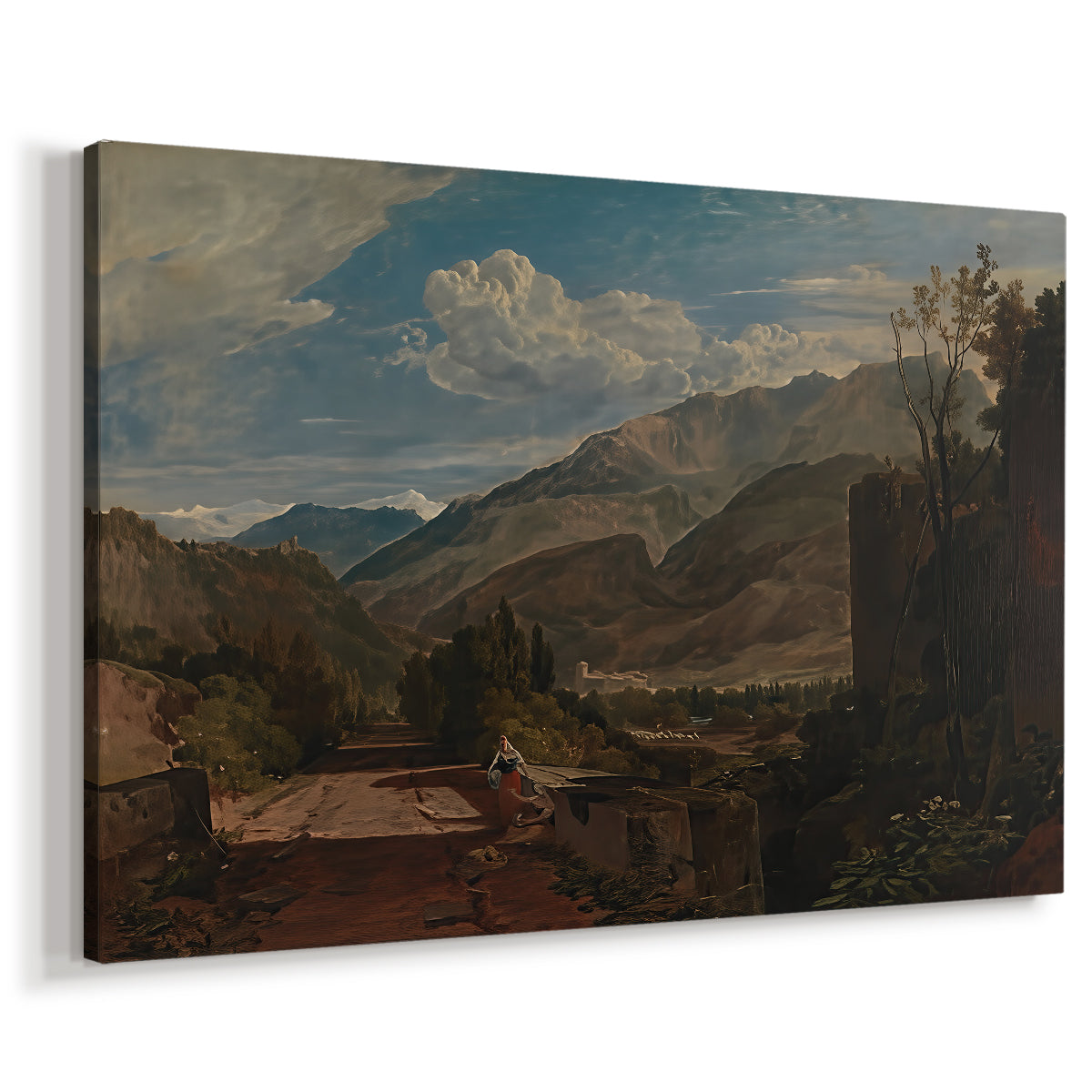 Canvas art print featuring an alpine scene with buildings and terrain, displayed at an angle