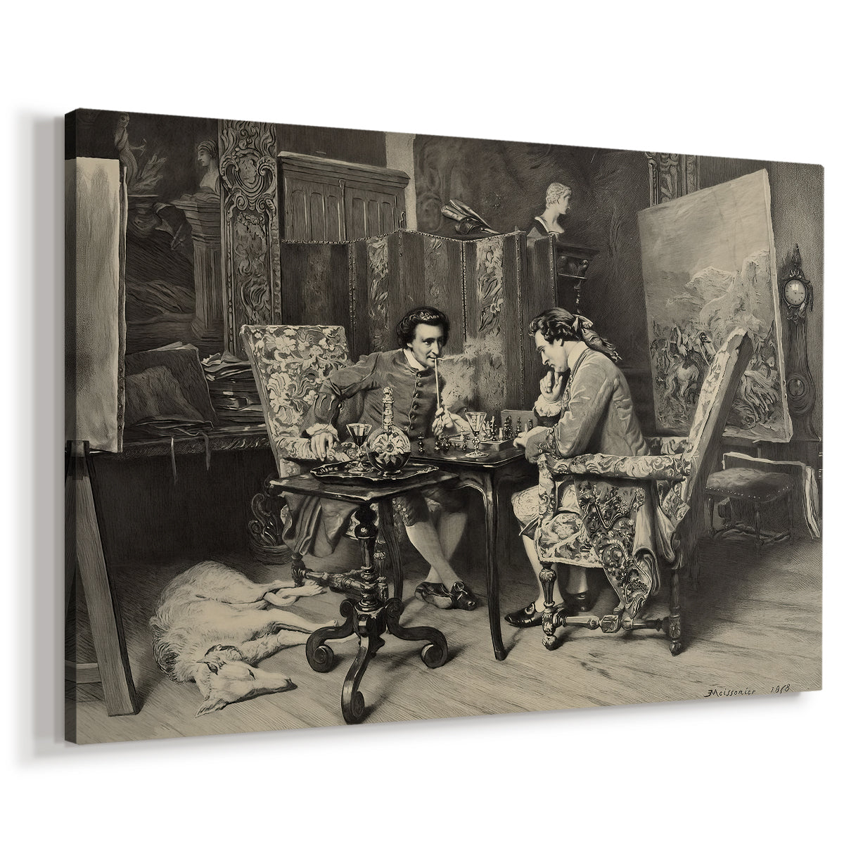 Canvas art print featuring a realistic scene of figures concentrating on chess game indoors, displayed at an angle