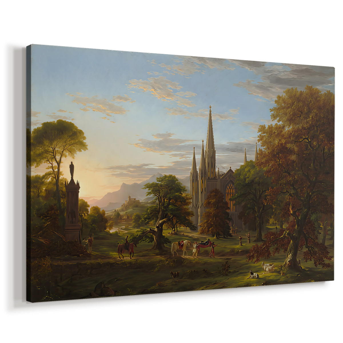 Canvas art print featuring a figures approaching settlement within expansive landscape under warm light, displayed at an angle
