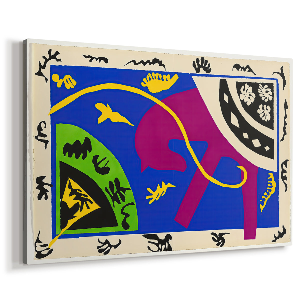 Canvas art print featuring a modernist collage combining animal and performer forms, displayed at an angle