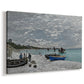 Canvas art print featuring a lively beach scene with people overlooking water and ships, displayed at an angle
