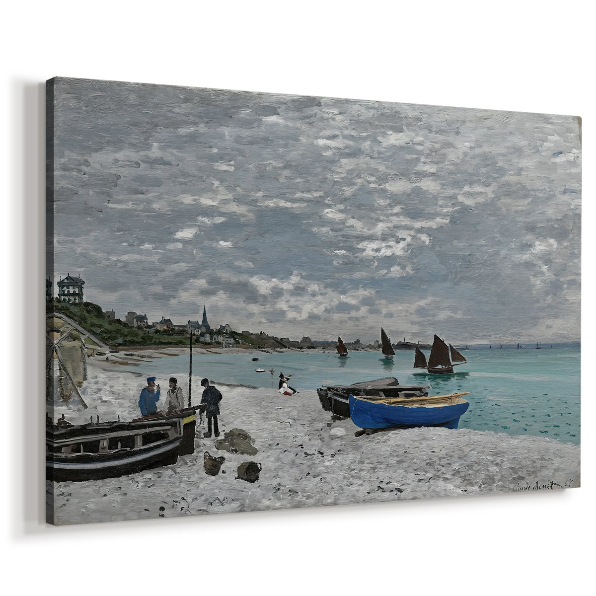 Canvas art print featuring a lively beach scene with people overlooking water and ships, displayed at an angle