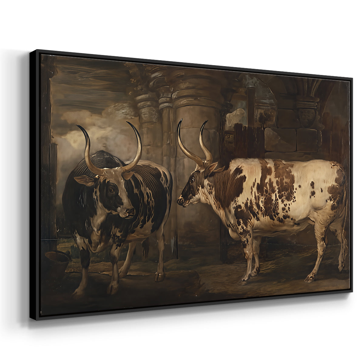 Portraits of Two Extraordinary Oxen, Property of the Earl of Powis, 1814 - Floater Framed Canvas Print