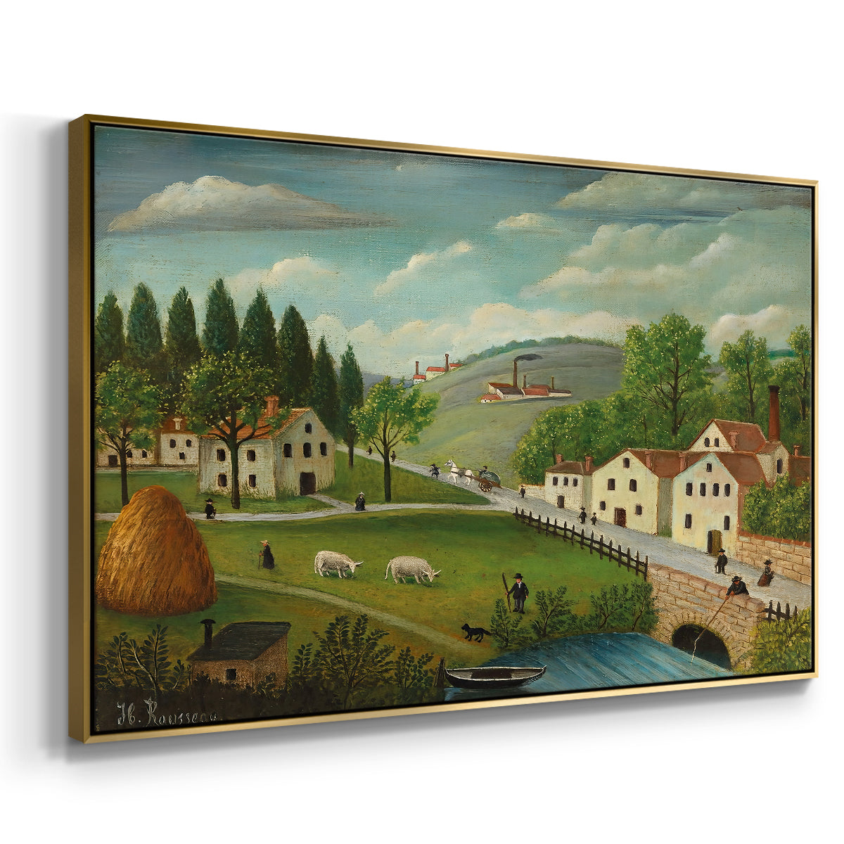 Pastoral Landscape with Stream, Fisherman and Strollers, 1875-1880 - Floater Framed Canvas Print